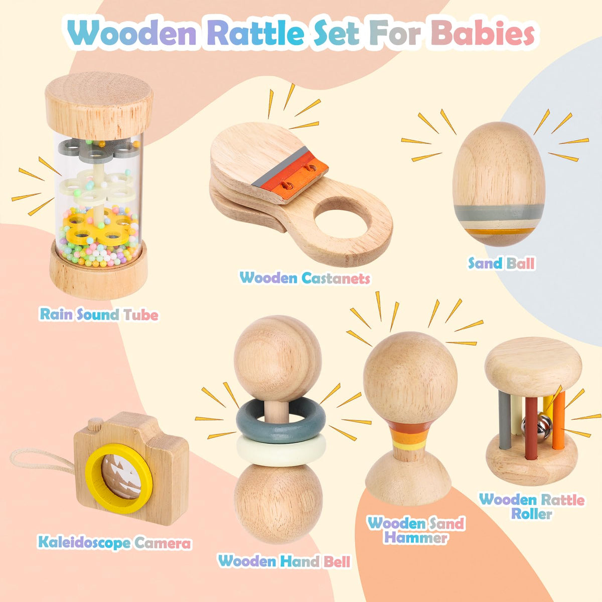 Montessori Wooden Baby Toys 0-12 Months, 7-Piece Sensory Rattle & Music Set