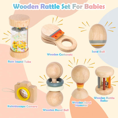Montessori Wooden Baby Toys 0-12 Months, 7-Piece Sensory Rattle & Music Set