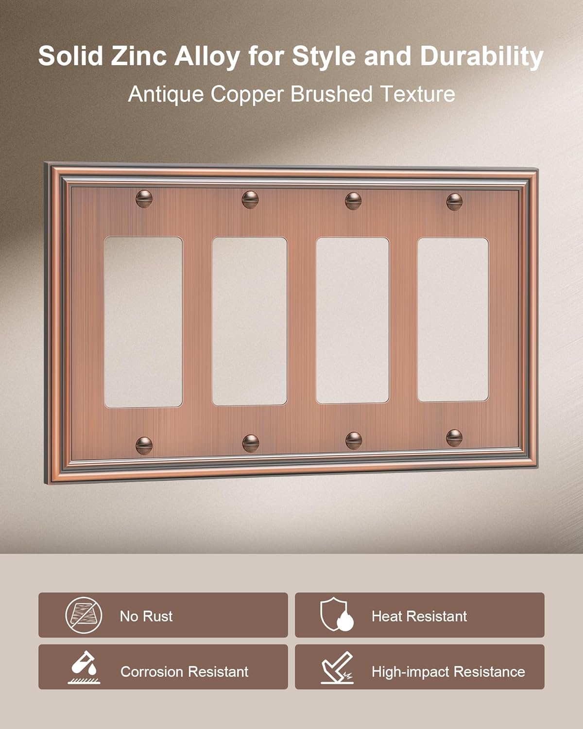 2-Pack Quad Decorator Outlet Cover Plate, Zinc Alloy Antique Copper Switch Plates and Outlet
