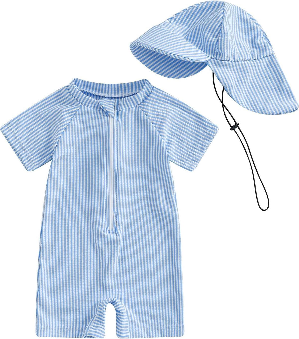 Toddler Baby Boys Seersucker Short Sleeve One Piece Rash Guard Swimsuit Zipper Bathing Suit