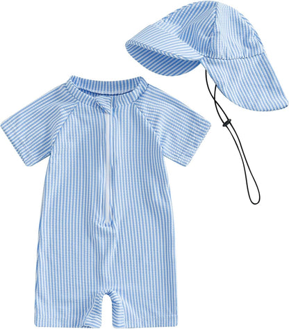 Toddler Baby Boys Seersucker Short Sleeve One Piece Rash Guard Swimsuit Zipper Bathing Suit