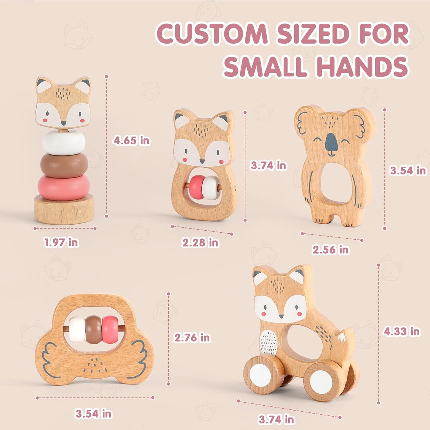 Freniland Wooden Montessori Toys, 5-Piece Wooden Baby Toys, Koala Wooden Baby Rattle, Fox Stacking