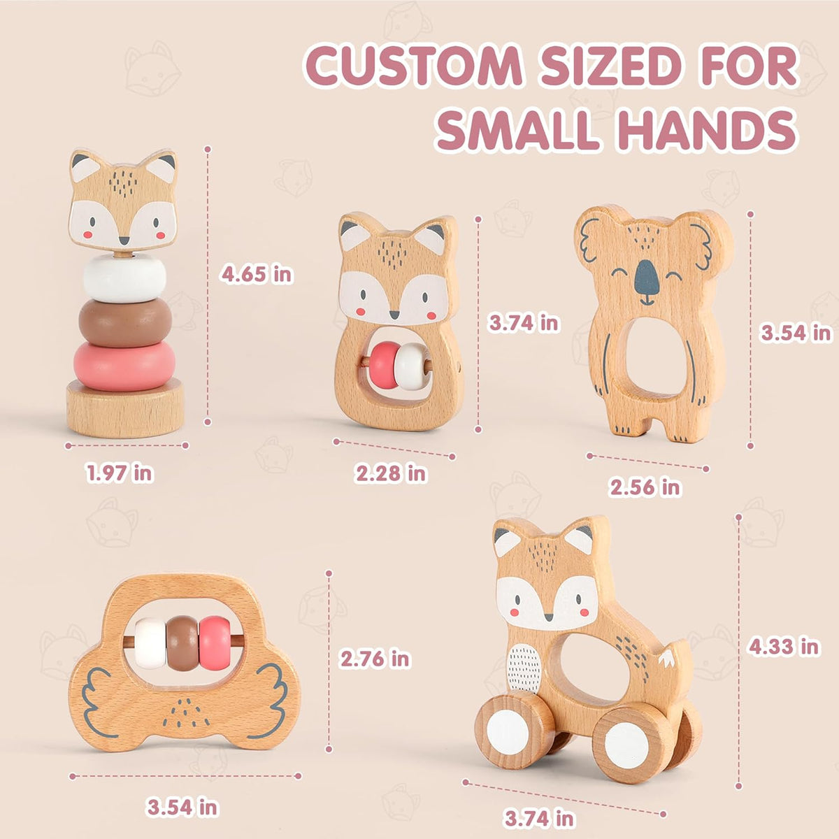 Freniland Wooden Montessori Toys, 5-Piece Wooden Baby Toys, Koala Wooden Baby Rattle, Fox Stacking