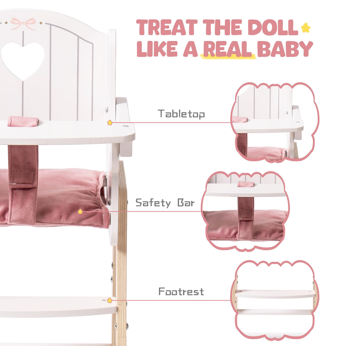 ROBOTIME Wooden Baby Doll High Chair for 18 Inch Dolls, Pink