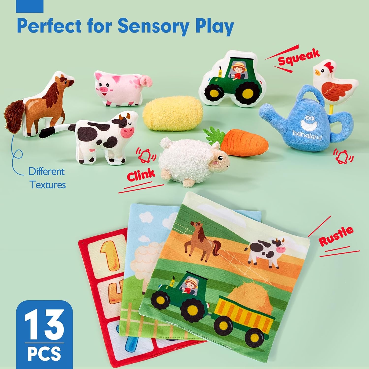 hahaland Baby Seek and Find Sensory Farm Animals Plush - 13 PCS Whats Inside Box with Rattle