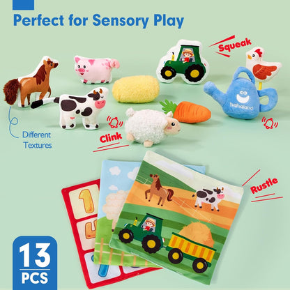 hahaland Baby Seek and Find Sensory Farm Animals Plush - 13 PCS Whats Inside Box with Rattle