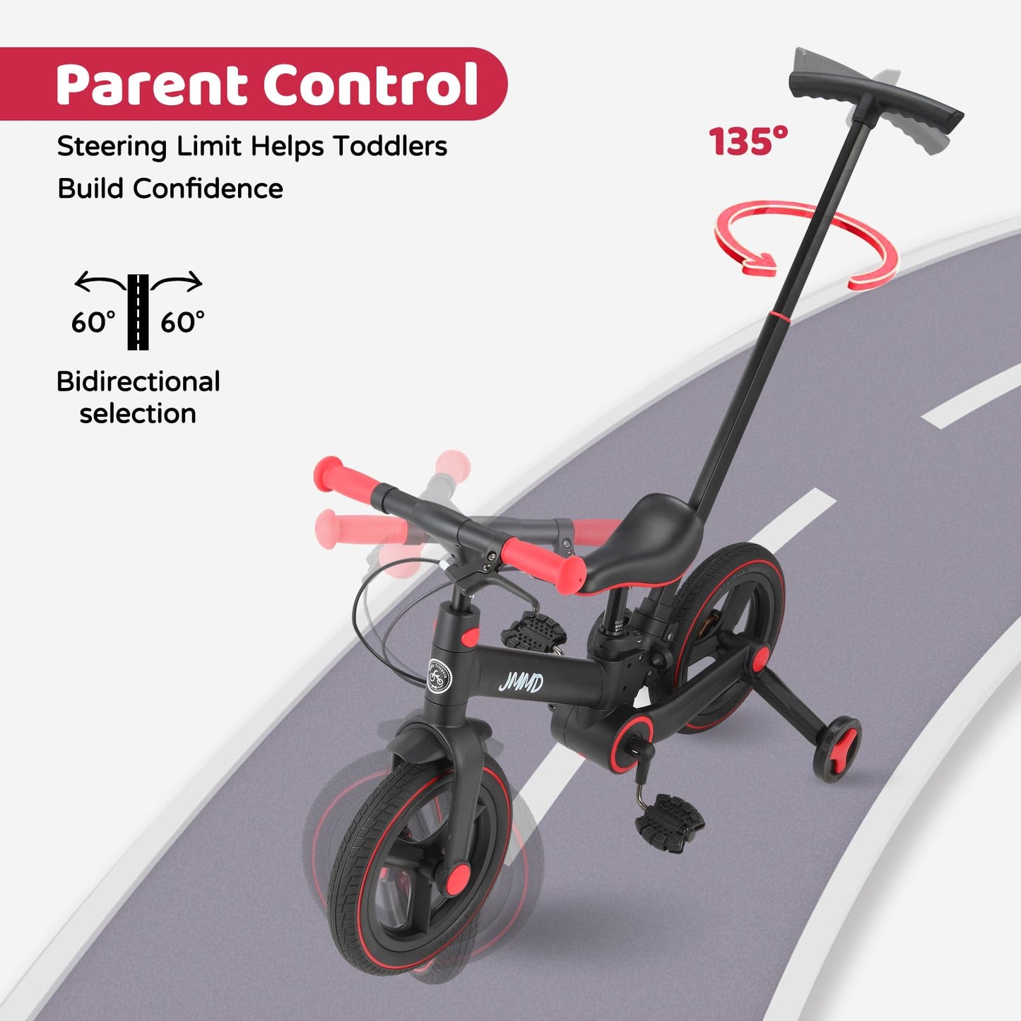 JMMD 6 in 1 Toddler Bike with Push Handle for Kids 18-60 Months, 12" Foldable Balance Bike with