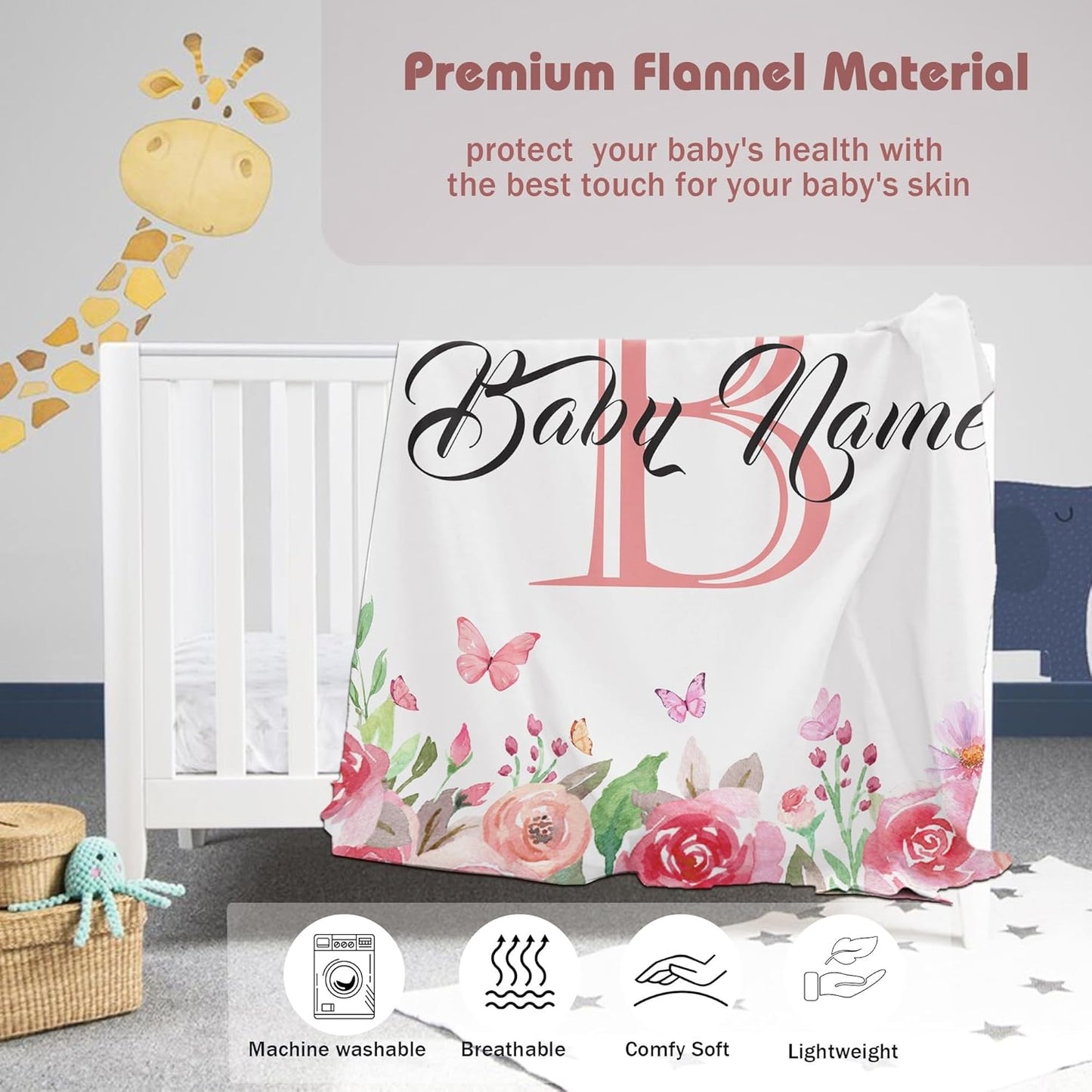 Custom Floral Rose Blanket with Name Personalized Name Blanket for Girl Newborn New Baby Customized