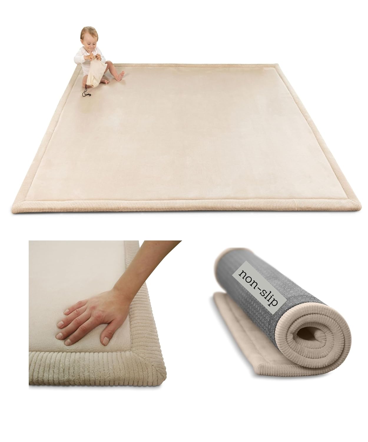 Premium Baby Play Mat 60”x 80” Beige – Cloud-Soft Coral Velvet Memory Foam Rug for Crawling & Play