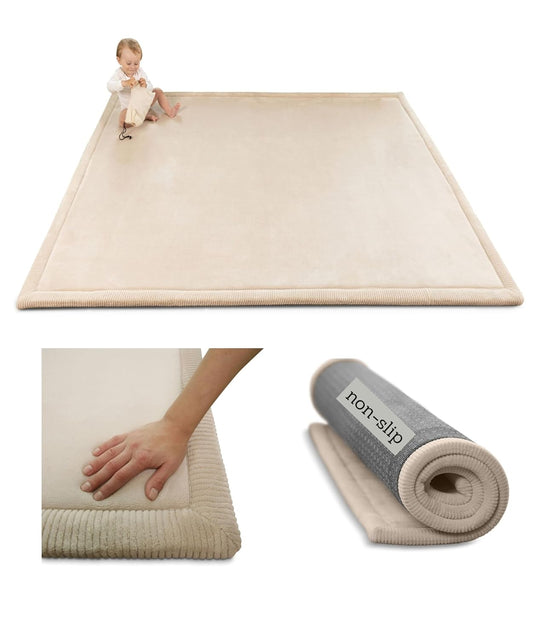 Premium Baby Play Mat 60”x 80” Beige – Cloud-Soft Coral Velvet Memory Foam Rug for Crawling & Play