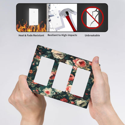 Light Switch Covers Baroque Vintage Peony Flower Floral 3 Gang Rocker Electrical GFCI Decorative