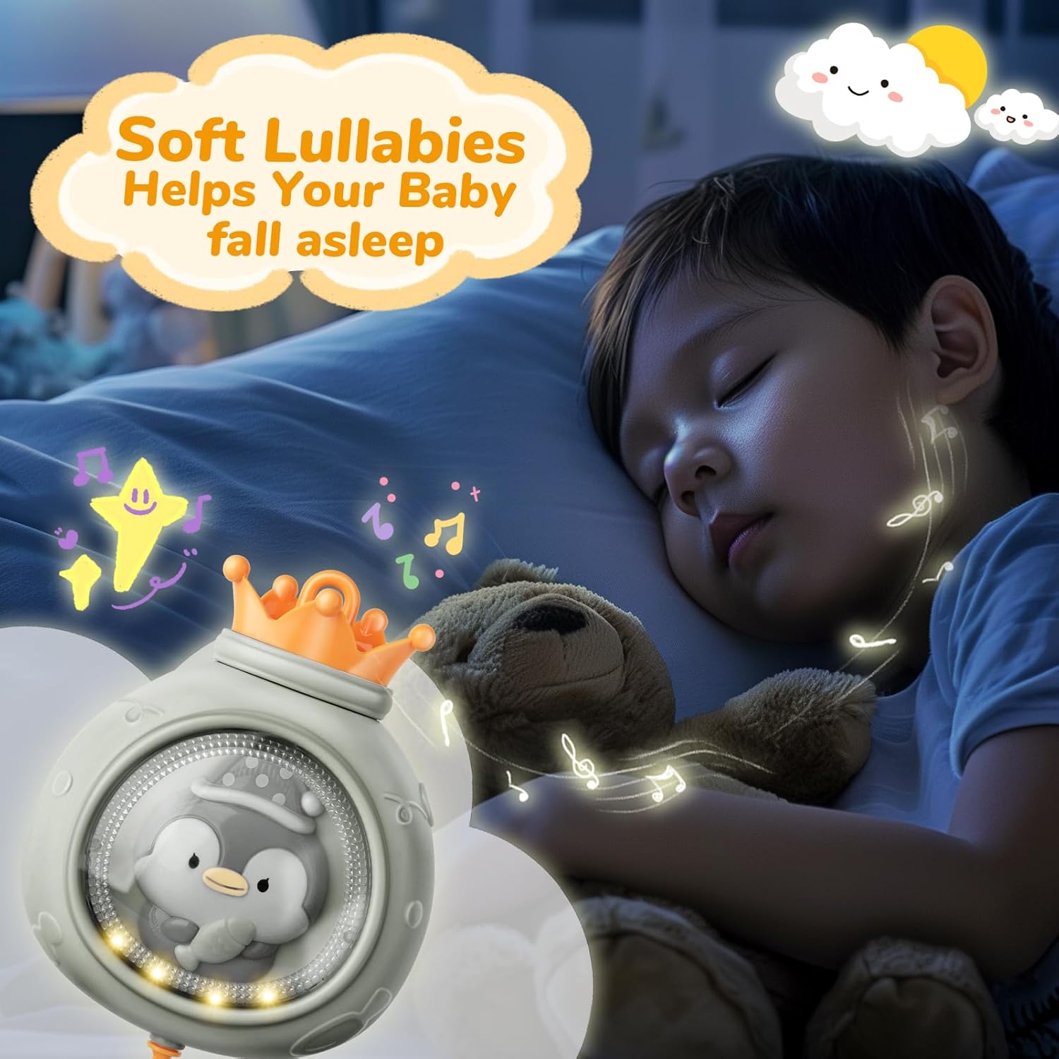 Crib Mobile with Music and Lights, Mobiles for Cribs, Baby Nursery Space Portable Infant Arm Hanger