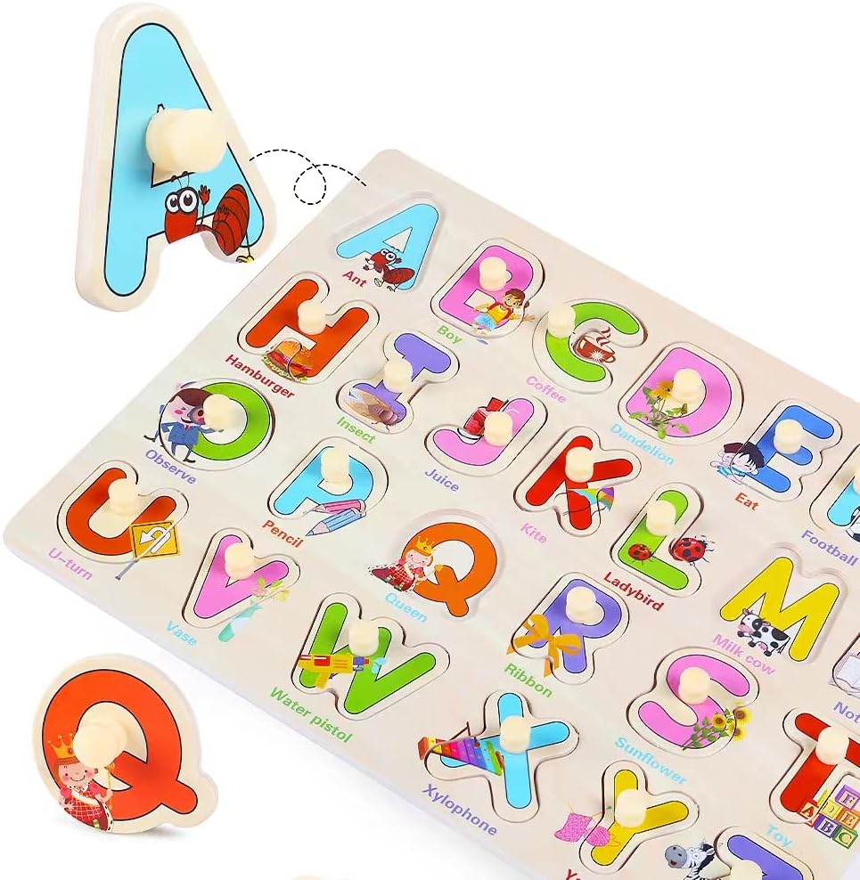 GRINNNIE Wooden Montessori Toddler Puzzles for 1 2 3 4 Years Old, 3 Pcs (Number, Letter, Shape)