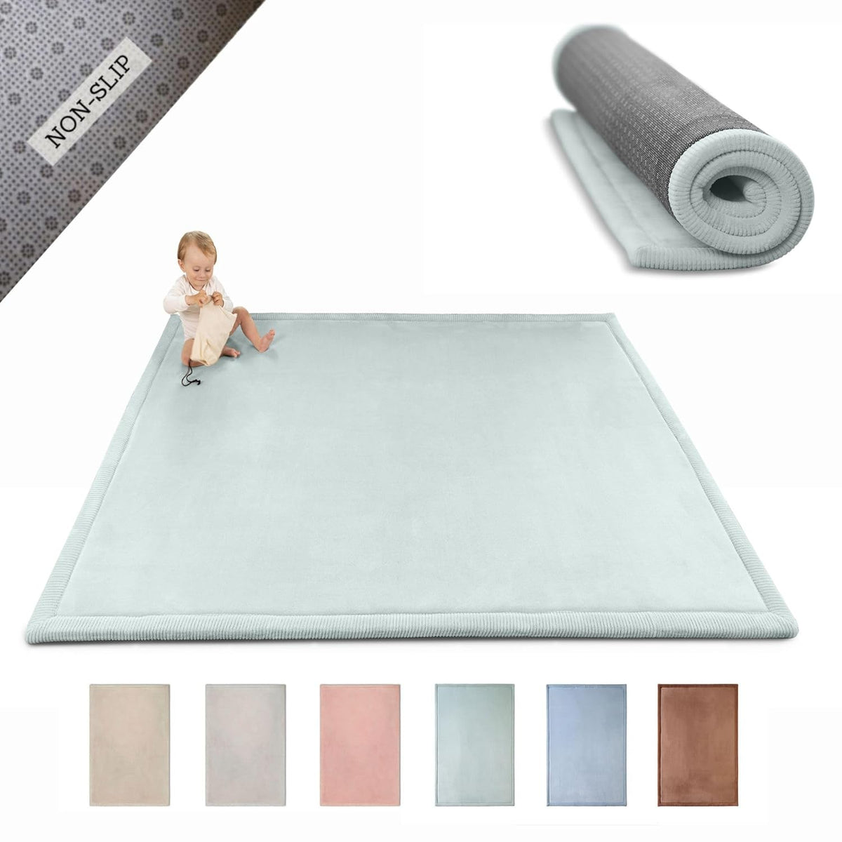 Stylish Coral Velvet Baby Play Mat for Floor 60" x 80" Green – Soft 1" Thick High-Density Memory