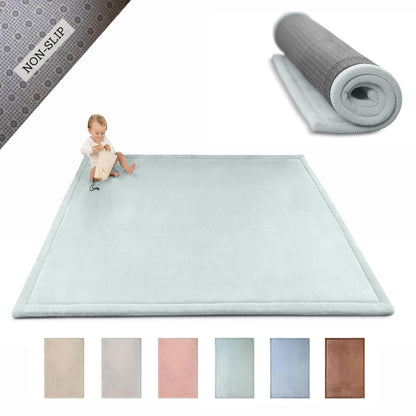 Stylish Coral Velvet Baby Play Mat for Floor 60" x 80" Green – Soft 1" Thick High-Density Memory