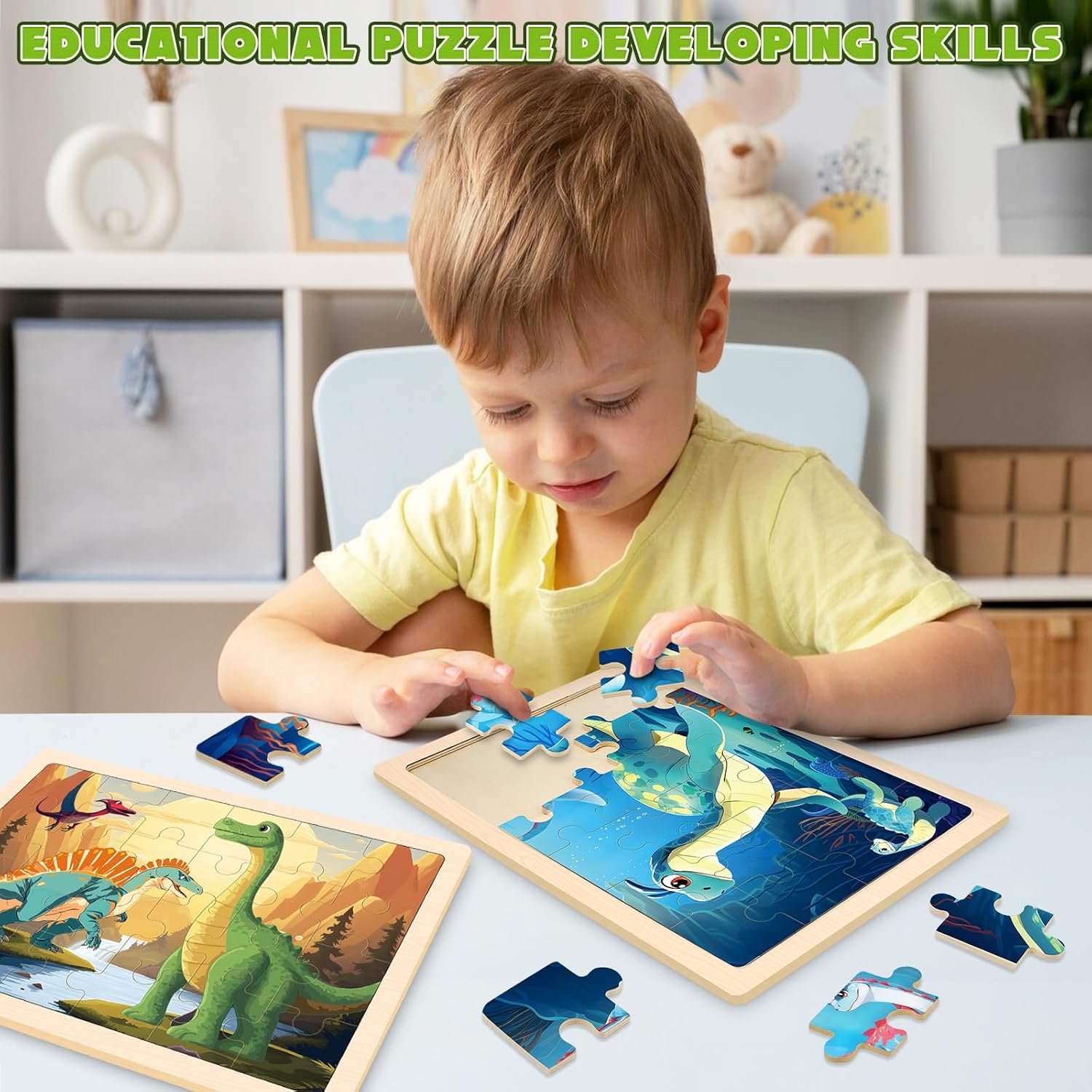 Wooden Dinosaurs Puzzles for Kids Age 3 4 5 Year Old, 4 Pack 24 Pcs Montessori Toddler Jigsaw
