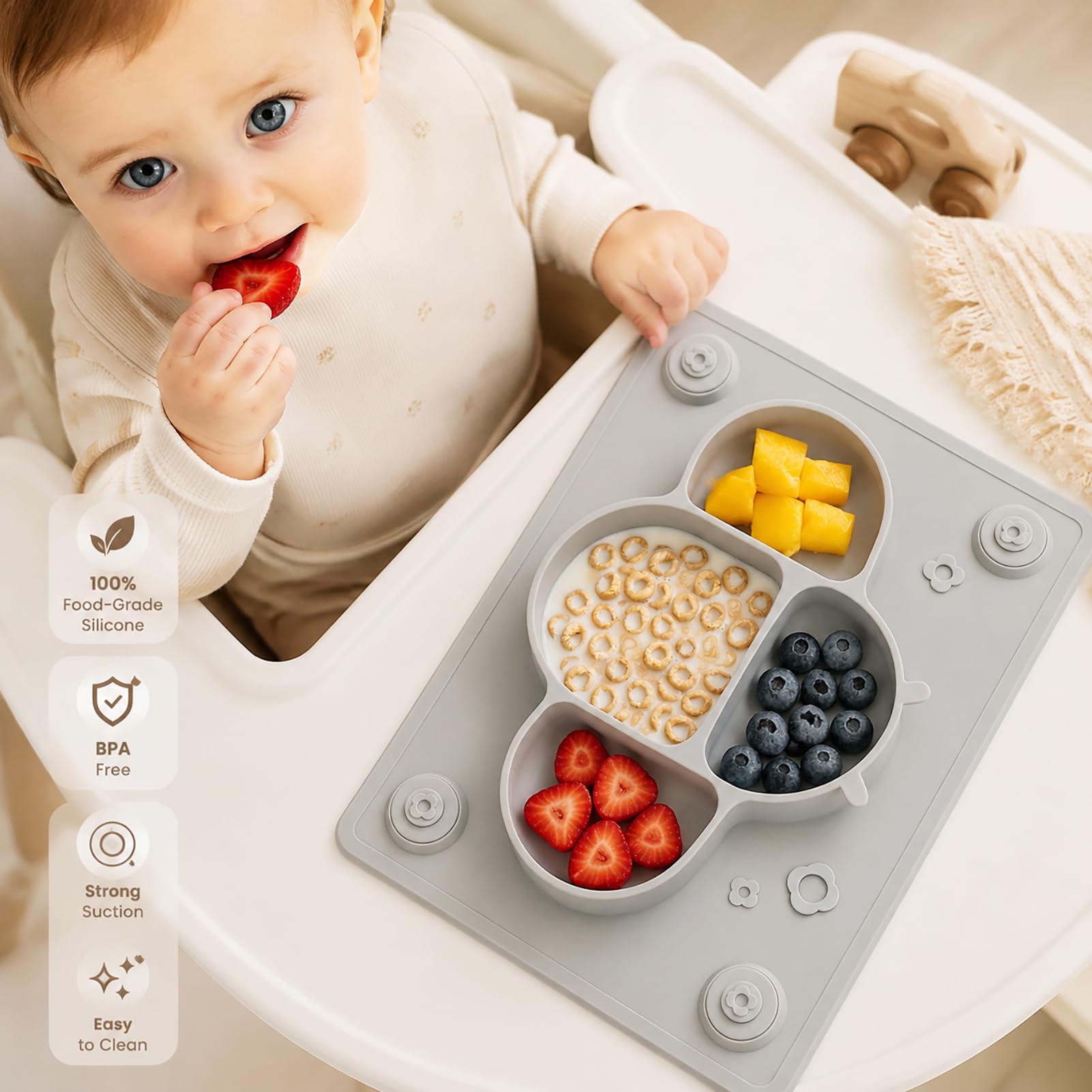 ROCCED Suction Plates for Baby Placemat Spoon Fork Set for Toddlers, Silicone Baby Plates with