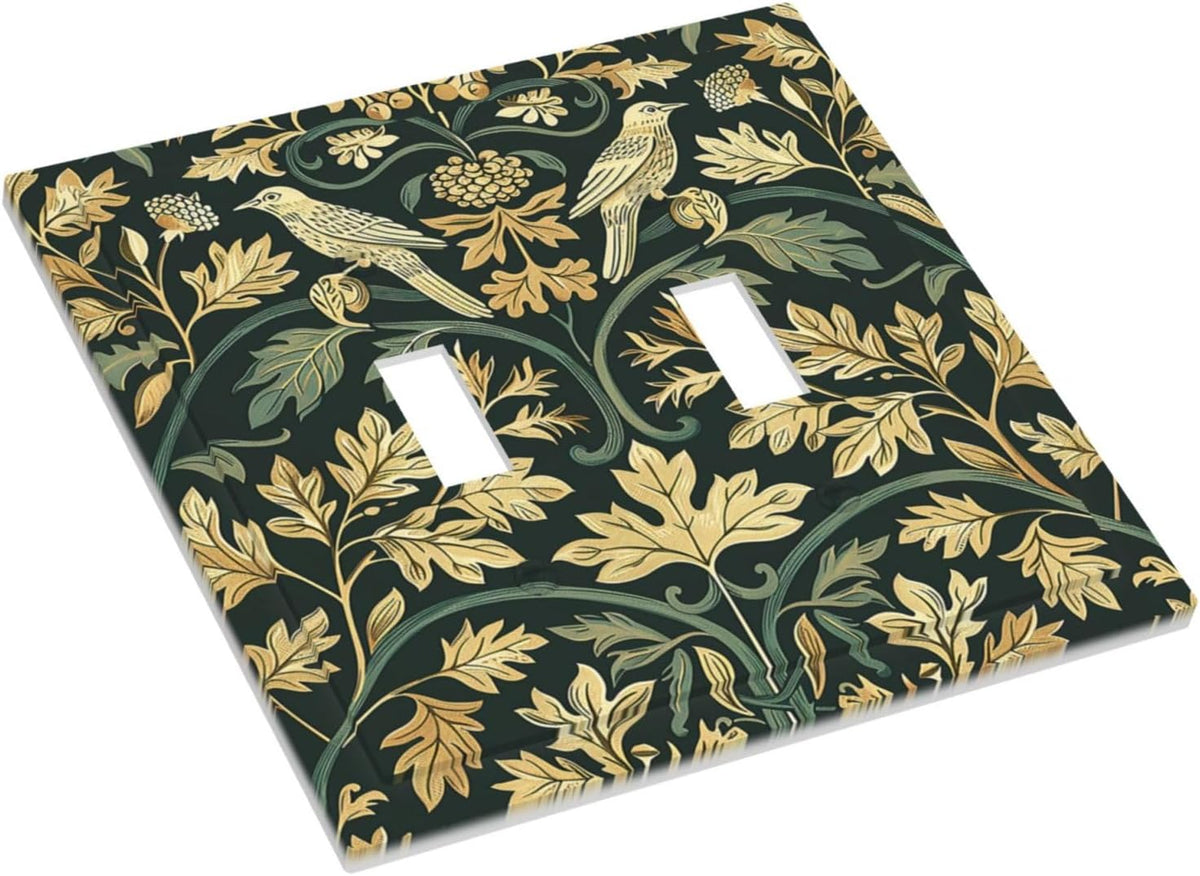 Decorative Switch Plates William Morris Vintage Botanical Birds Golden Green Leaves 2 Gang Double