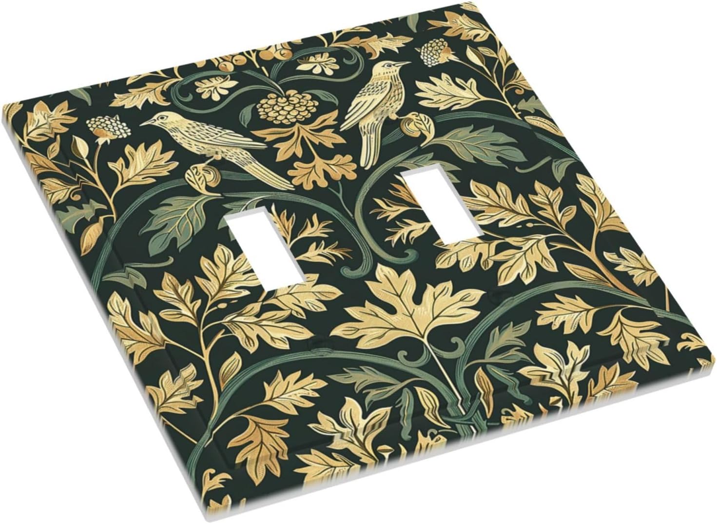 Decorative Switch Plates William Morris Vintage Botanical Birds Golden Green Leaves 2 Gang Double