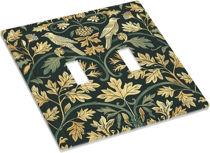 Decorative Switch Plates William Morris Vintage Botanical Birds Golden Green Leaves 2 Gang Double