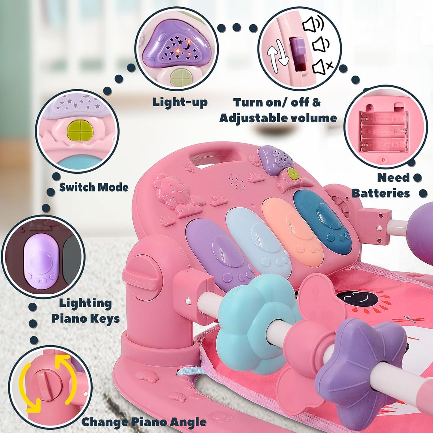 Baby Play Gym for 0-6 Months, High Contrast Tummy Time Mat, Kick and Play Piano, Music and Lights