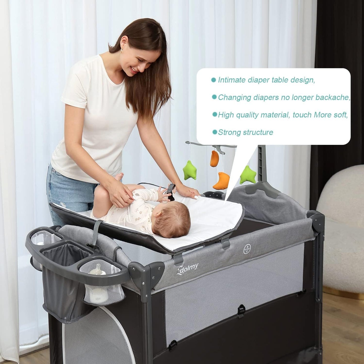 Zdolmy Baby Bedside Sleeper Bassinet, 4-in-1 Pack and Play with Bassinet w/Diaper Changing Table &