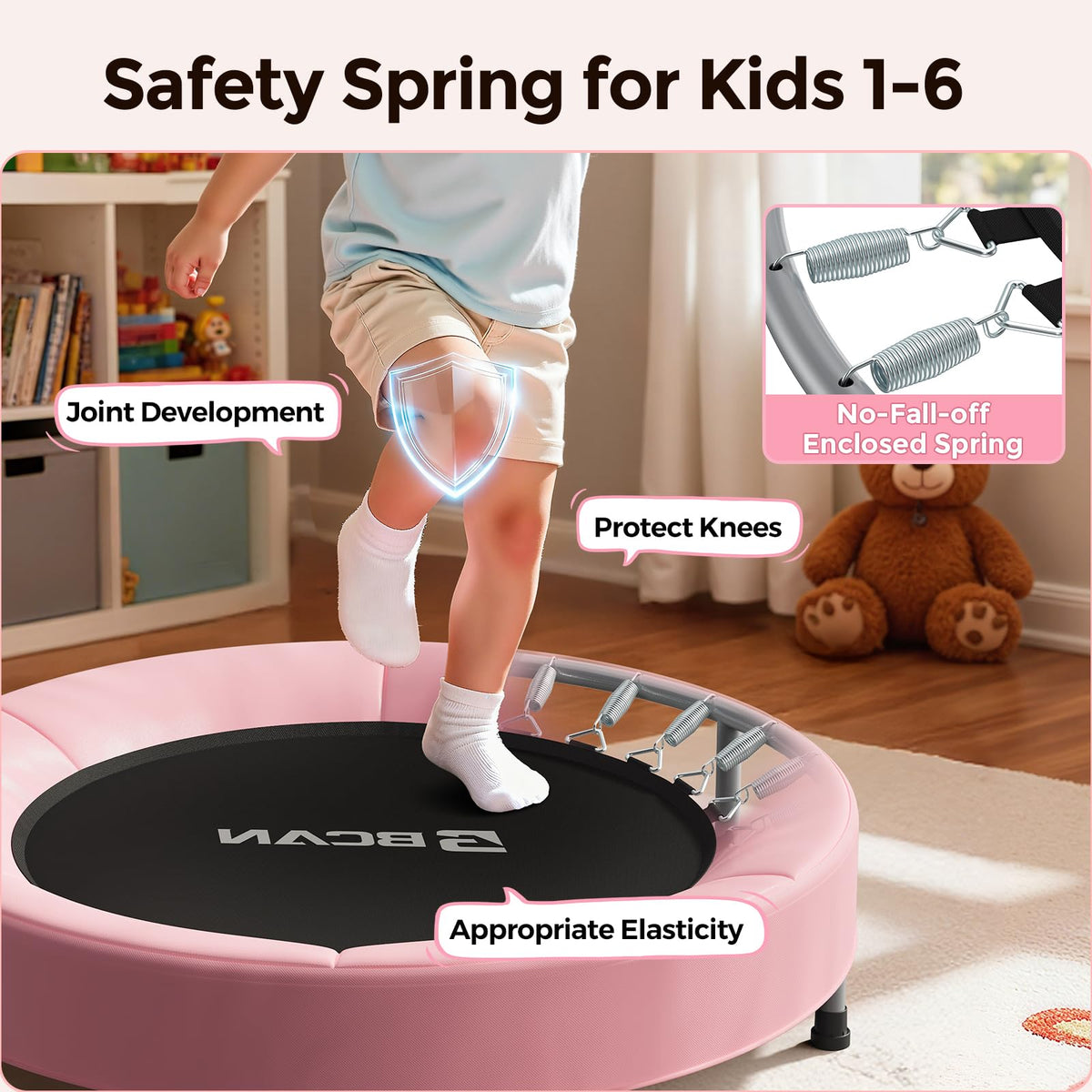 BCAN SP1 36'' Kids Toddler Trampoline Indoor, Foam Handle | FED Fitness