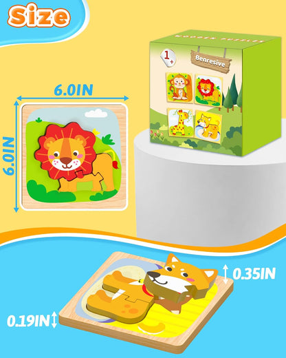 Benresive Wooden Toddler Puzzles, 4pcs Animal Montessori Toys for 1-3 Year Old Boys & Girls