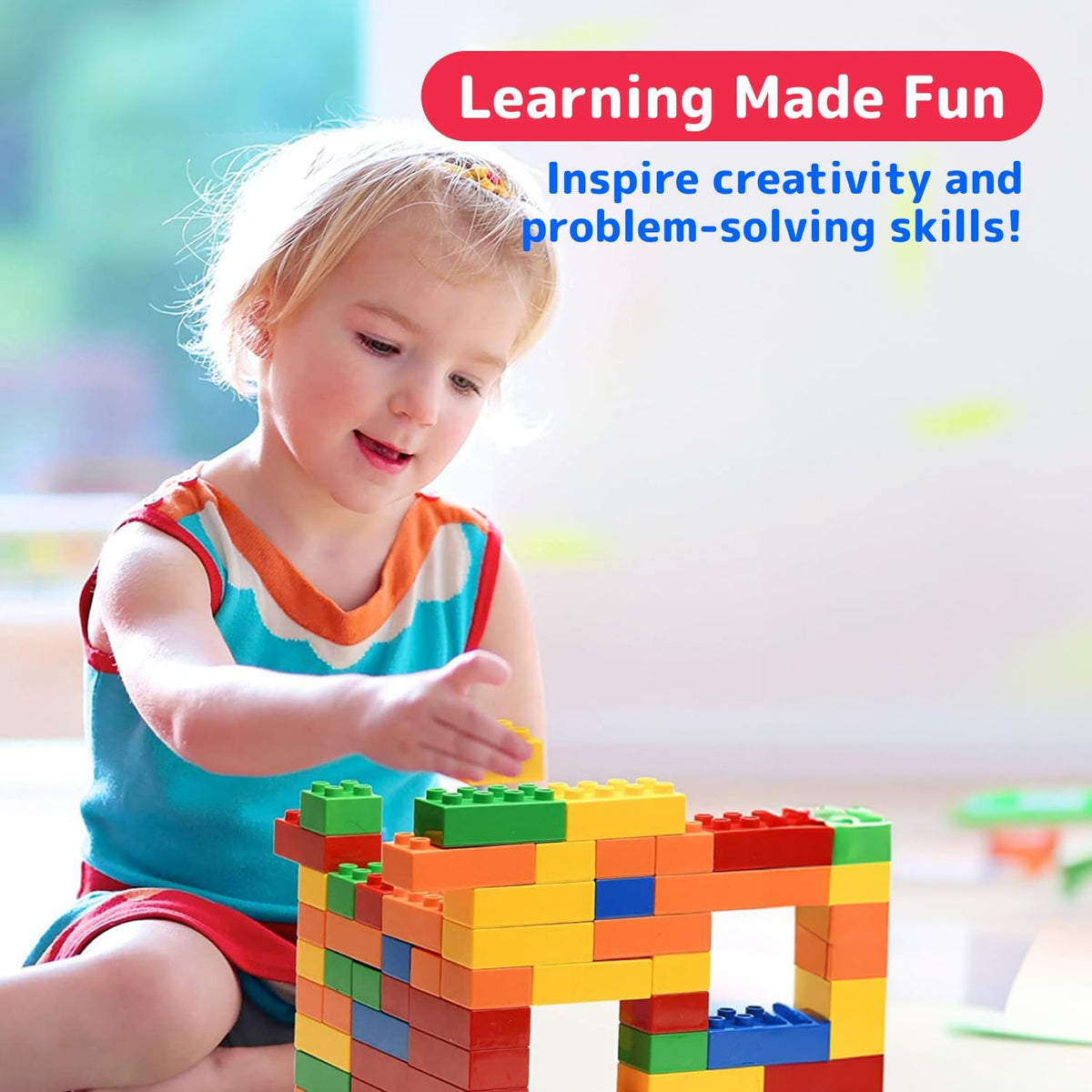 PREXTEX Building Blocks for Toddlers - 300 Jumbo Building Bricks with Carrying Box for Easy Storage