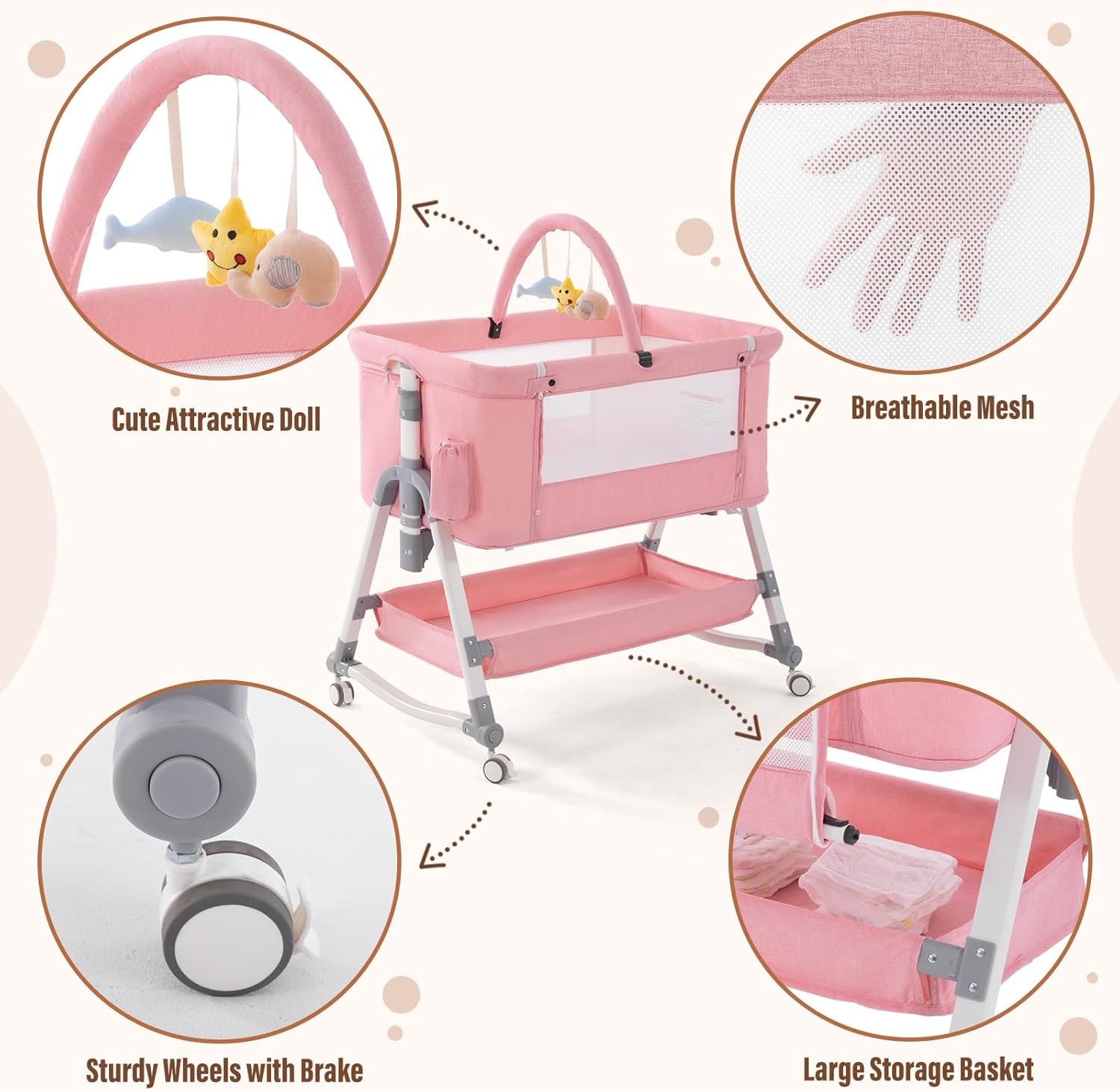 Jaoul 4 in 1 Baby Bassinet Bedside Sleeper Baby Crib, Adjustable Cosleeper for Baby, Easy Folding