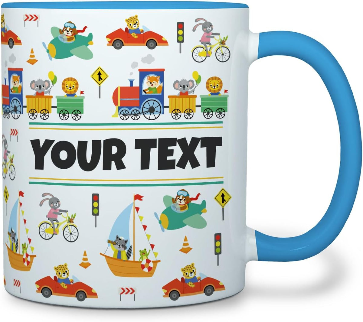 Personalized Mug for Kids - Vehicles - Custom Name/Text, Ceramic Hot Chocolate/Cocoa/Coffee Cup for
