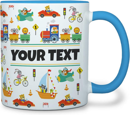 Personalized Mug for Kids - Vehicles - Custom Name/Text, Ceramic Hot Chocolate/Cocoa/Coffee Cup for