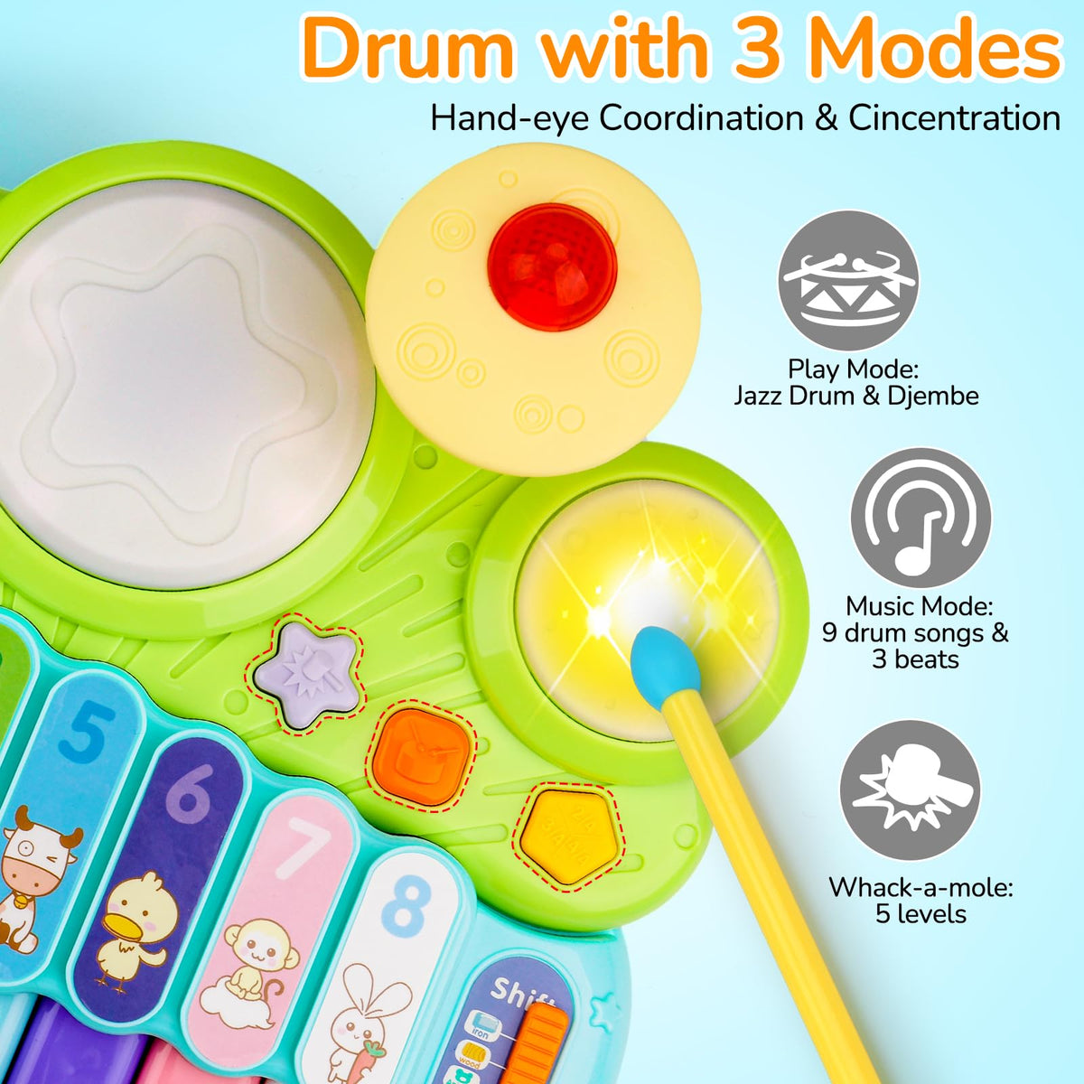 Baby Piano Drum Set for Toddlers, 3-in-1 Baby DJ Table Musical Toys Piano Keyboard Xylophone Drum