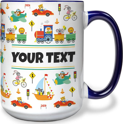Personalized Mug for Kids - Vehicles - Custom Name/Text, Ceramic Hot Chocolate/Cocoa/Coffee Cup for