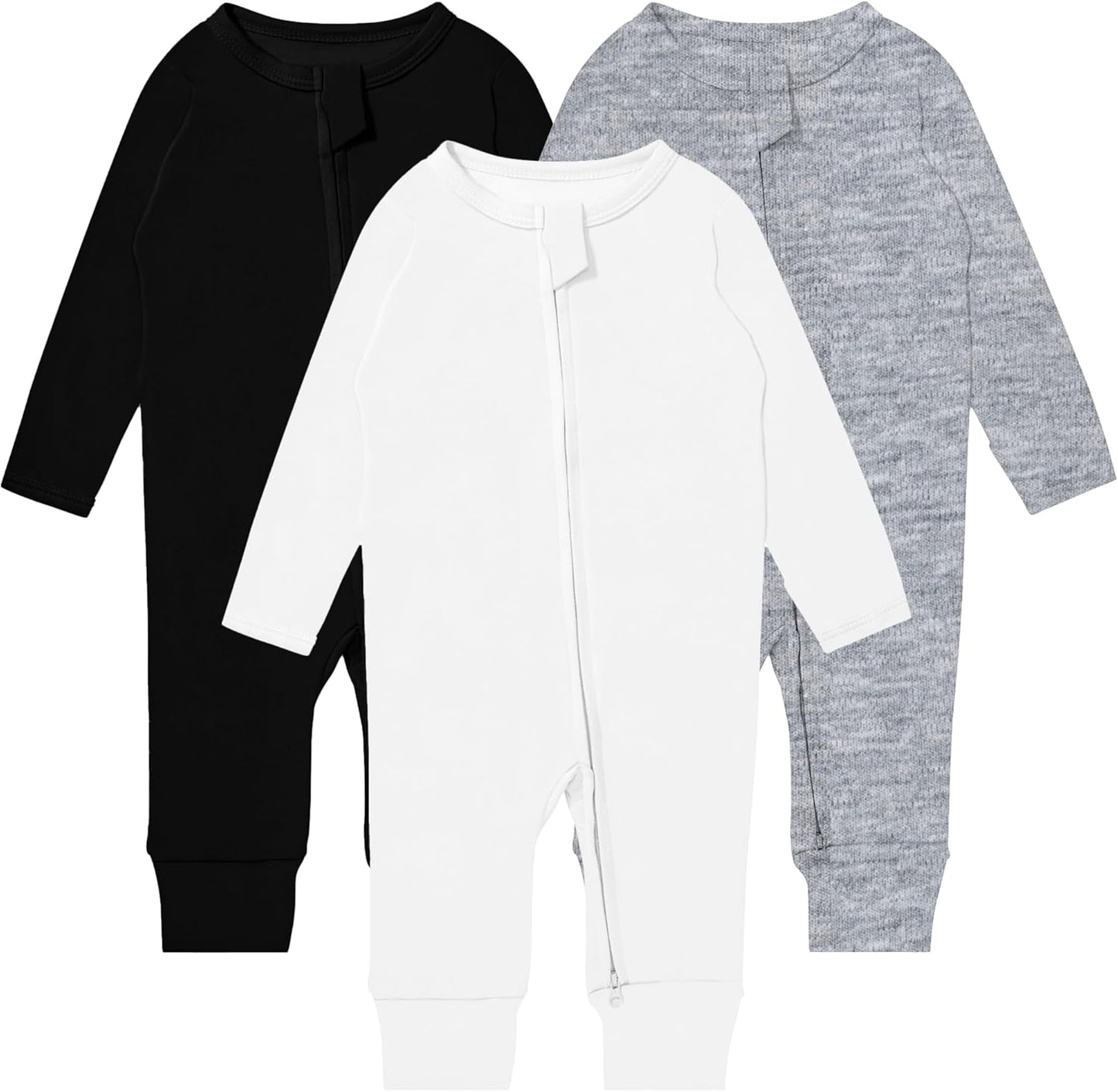 GUISBY Long Sleeve Cotton Pajamas Footless Baby Bodysuits with Zipper and Mittens 3-Pack for Boys