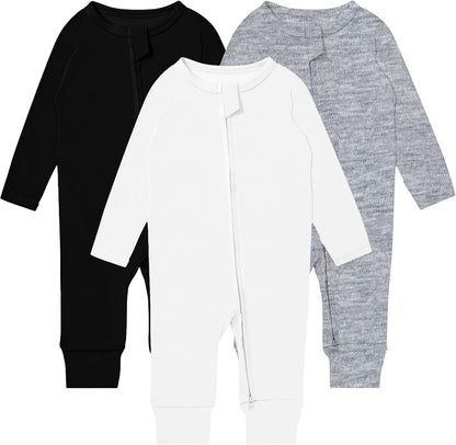 GUISBY Long Sleeve Cotton Pajamas Footless Baby Bodysuits with Zipper and Mittens 3-Pack for Boys