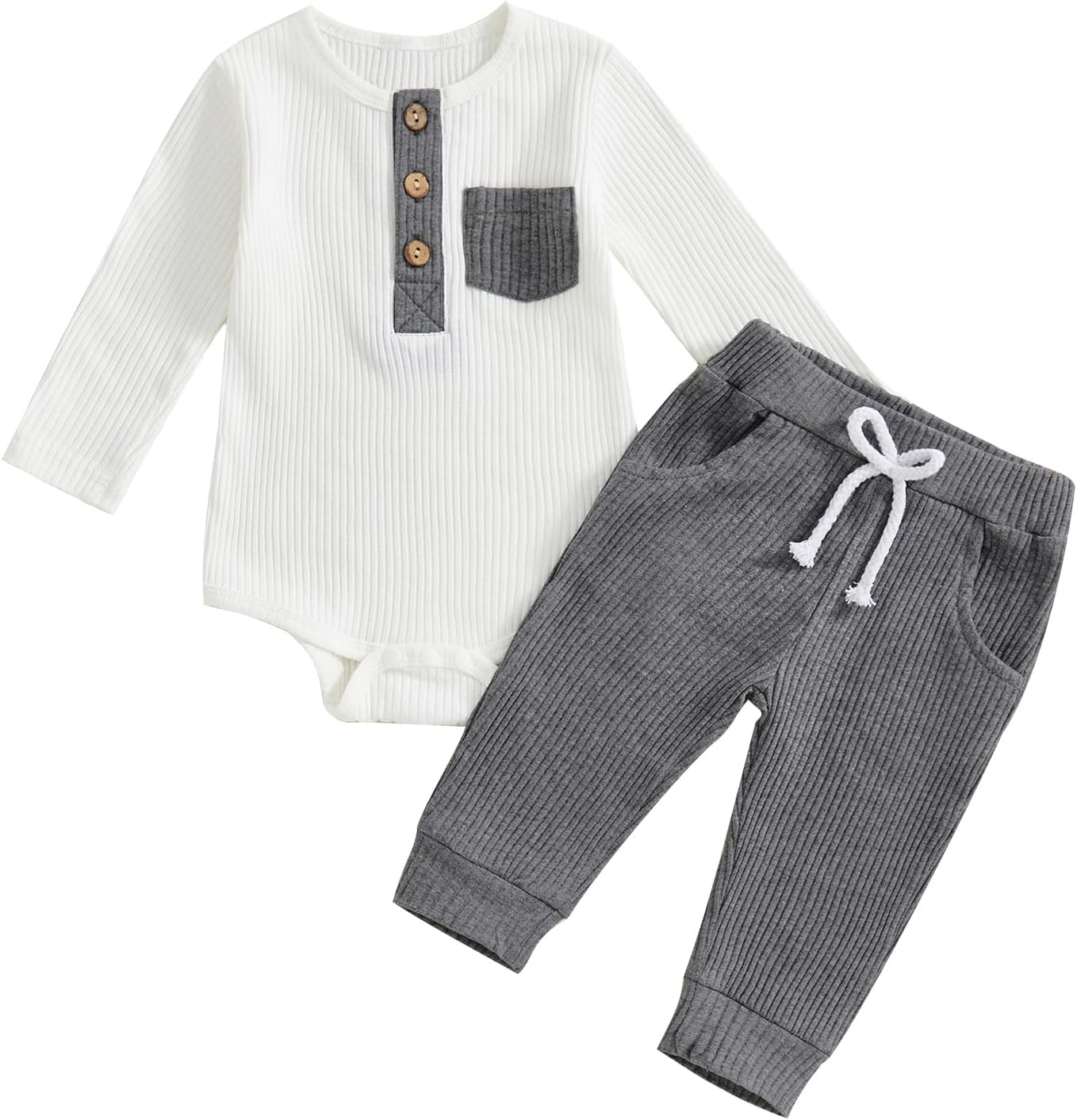 fhutpw Baby Boy Clothes 3 6 12 18 Months Ribbed Knitted Long Sleeve Romper and Pants Sets Newborn