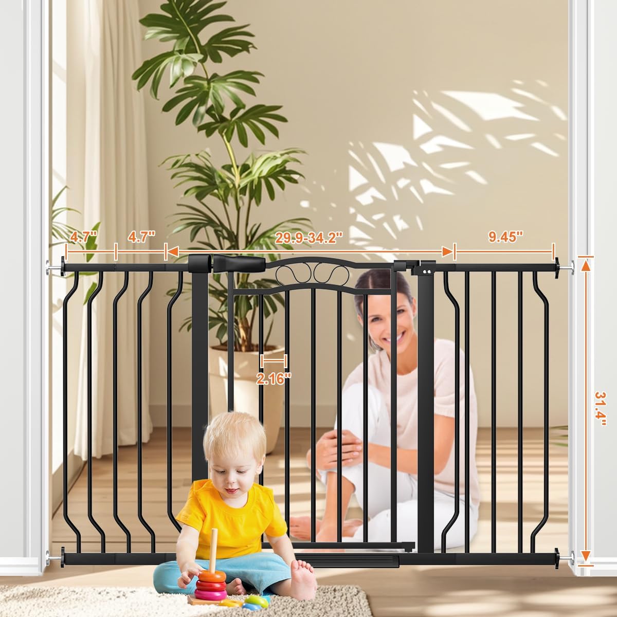 29.5-53.1" Extra Wide Baby Gate for Stairs No Drilling, 30" Tall Auto Close Press Mounted Baby Gate
