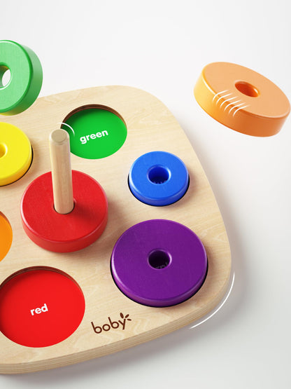 Dailyfunn Montessori Toys Wooden Rainbow Ring Stacker Color Size Learning Sorting Stacking Toy for