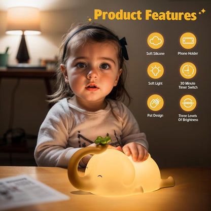 Silicone Elephant Night Light for Kids - 3-Level Dimmable & Rechargeable LED Lamp, Touch Control