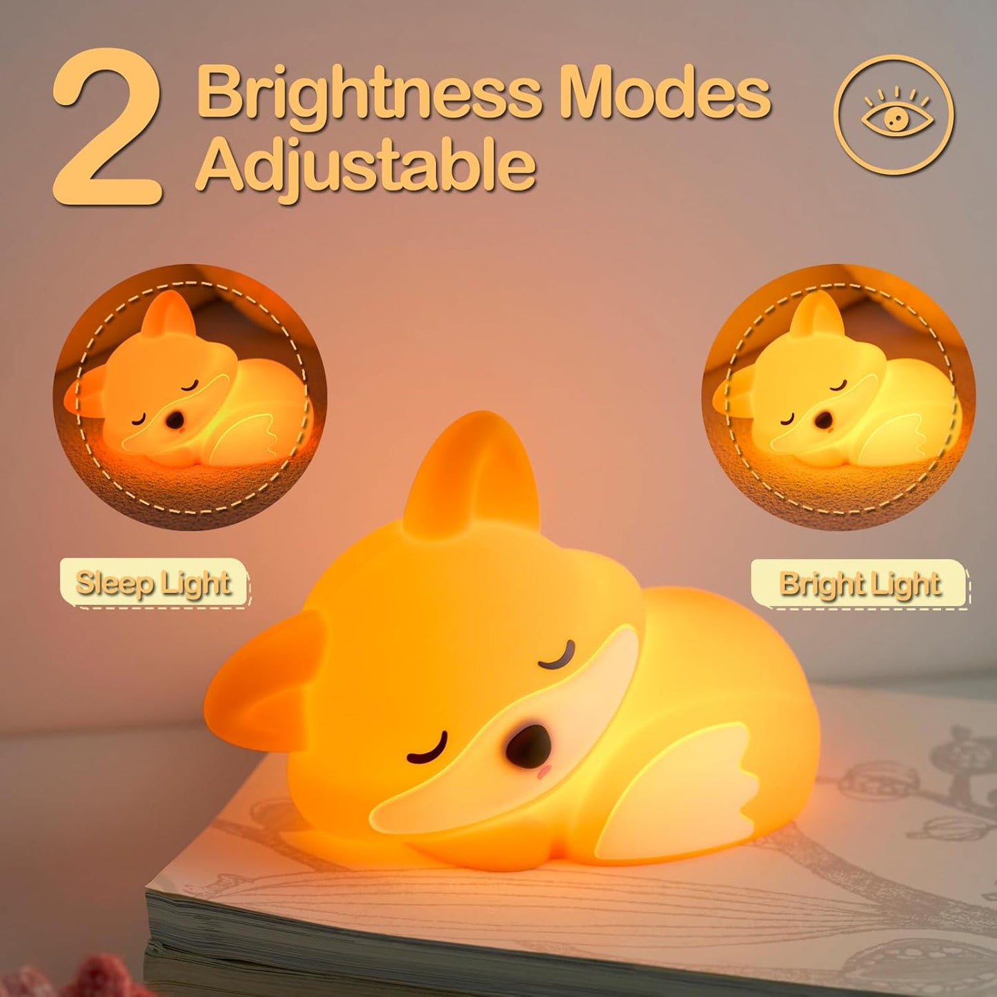 ATSUI Fox Night Light, LED Squishy Novelty Animal Lamp, Food Grade Silicone, 2 Level Dimmable