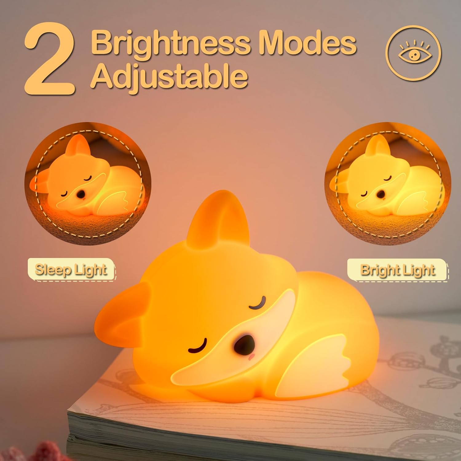 ATSUI Fox Night Light, LED Squishy Novelty Animal Lamp, Food Grade Silicone, 2 Level Dimmable
