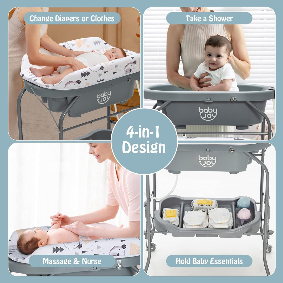 BABY JOY Baby Bathtub with Changing Table, Foldable Infant Diaper Changing Station with Storage
