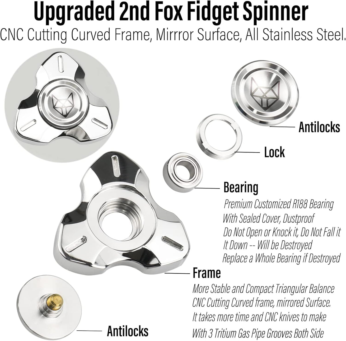 FREELOVE Metal Fidget Spinner, Stainless Steel Heavy, Long Spinning Toys, Cool Silent, Small Mini