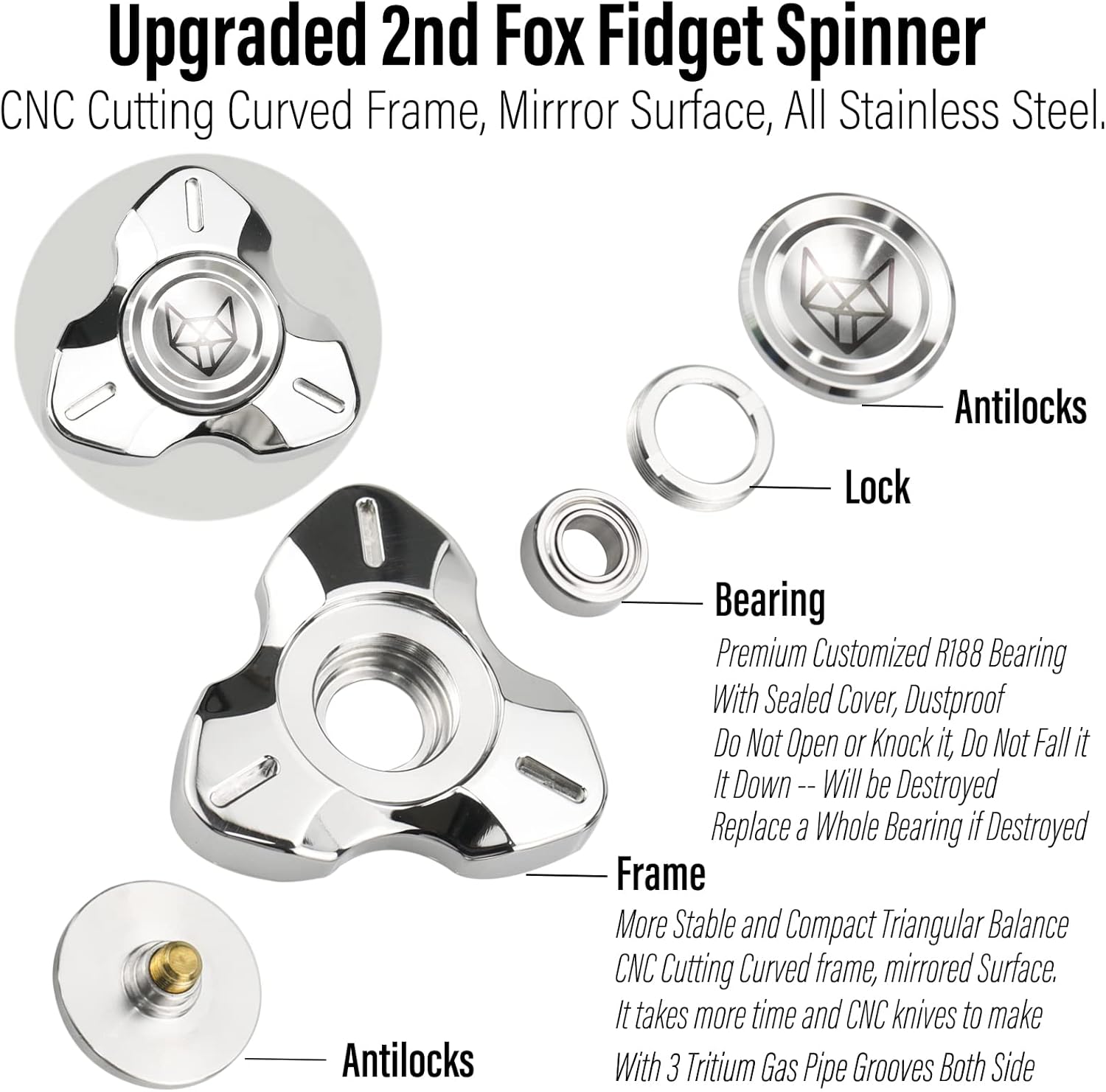 FREELOVE Metal Fidget Spinner, Stainless Steel Heavy, Long Spinning Toys, Cool Silent, Small Mini