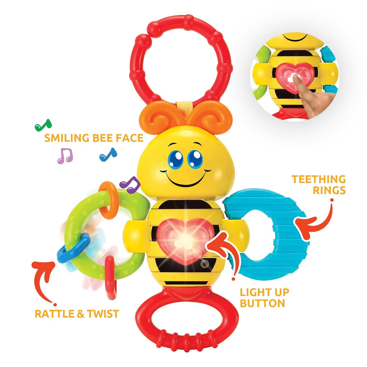 KiddoLab Twist & Rattle Musical Bee Light-Up Toy and Teething Ring for Toddlers - Sensory Chew and