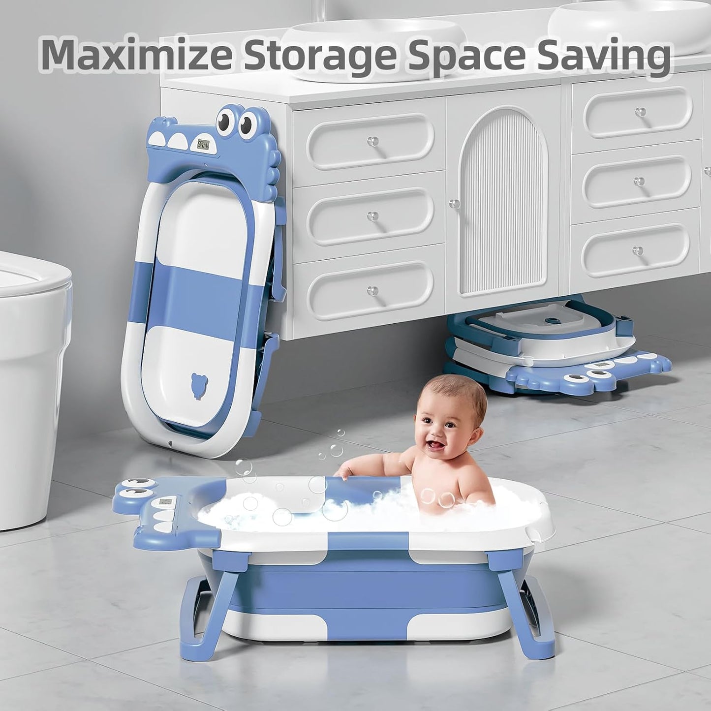 TPN Collapsible Baby Bathtub, Baby Bath Tub with Soft Cushion & Real-Time Thermometer, Baby Bathtub