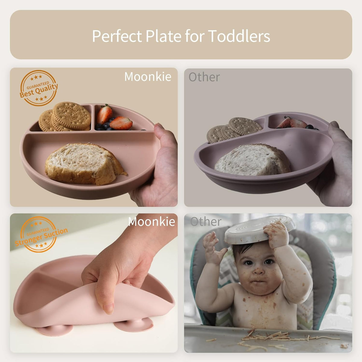 Moonkie Suction Plates for Baby | 100% Silicone BPA-Free Baby Plates with Lids and Food Cover |