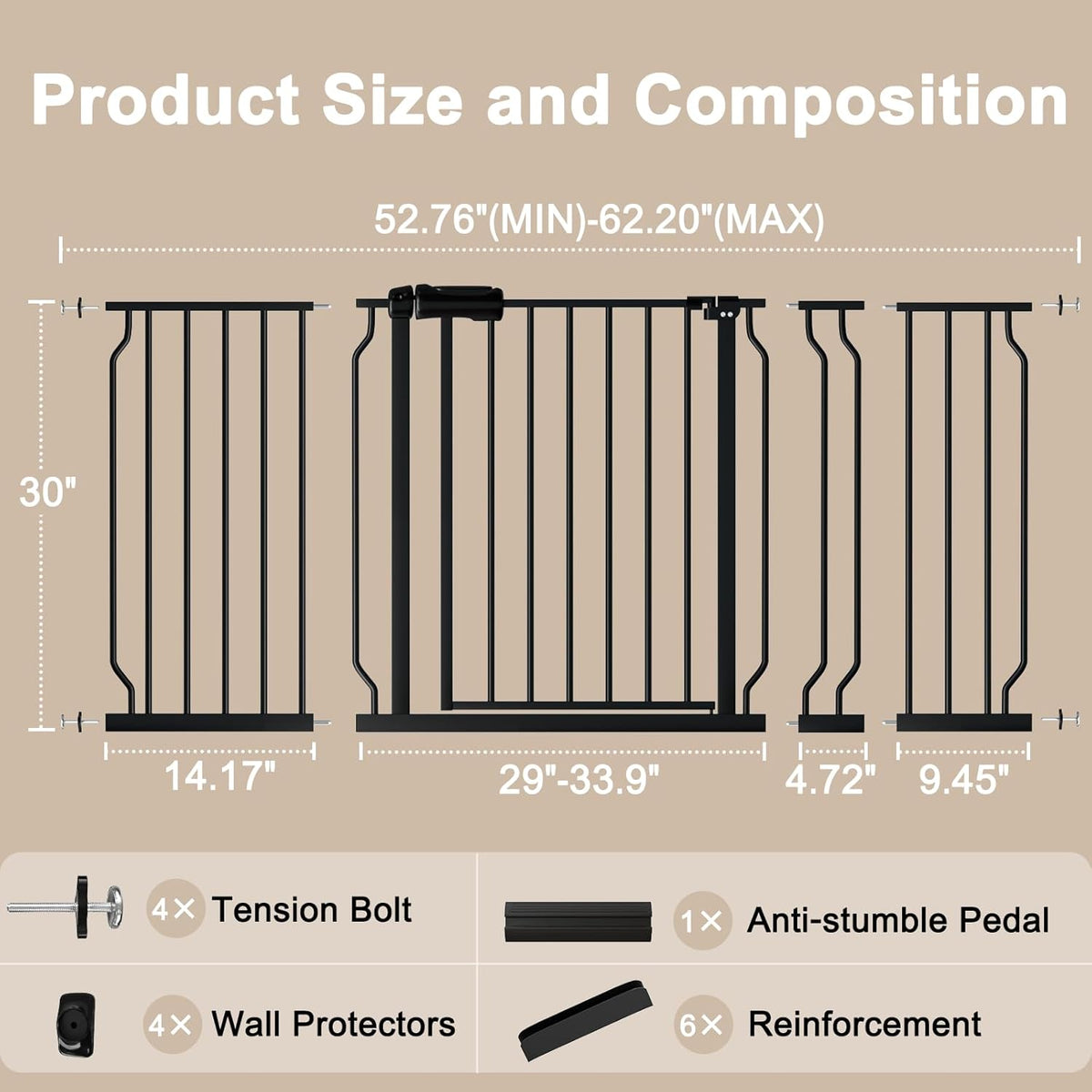WAOWAO Baby Gate 52.76-62.2" Extra Wide Pressure Mounted Walk Through Swing Auto Close Safety Black