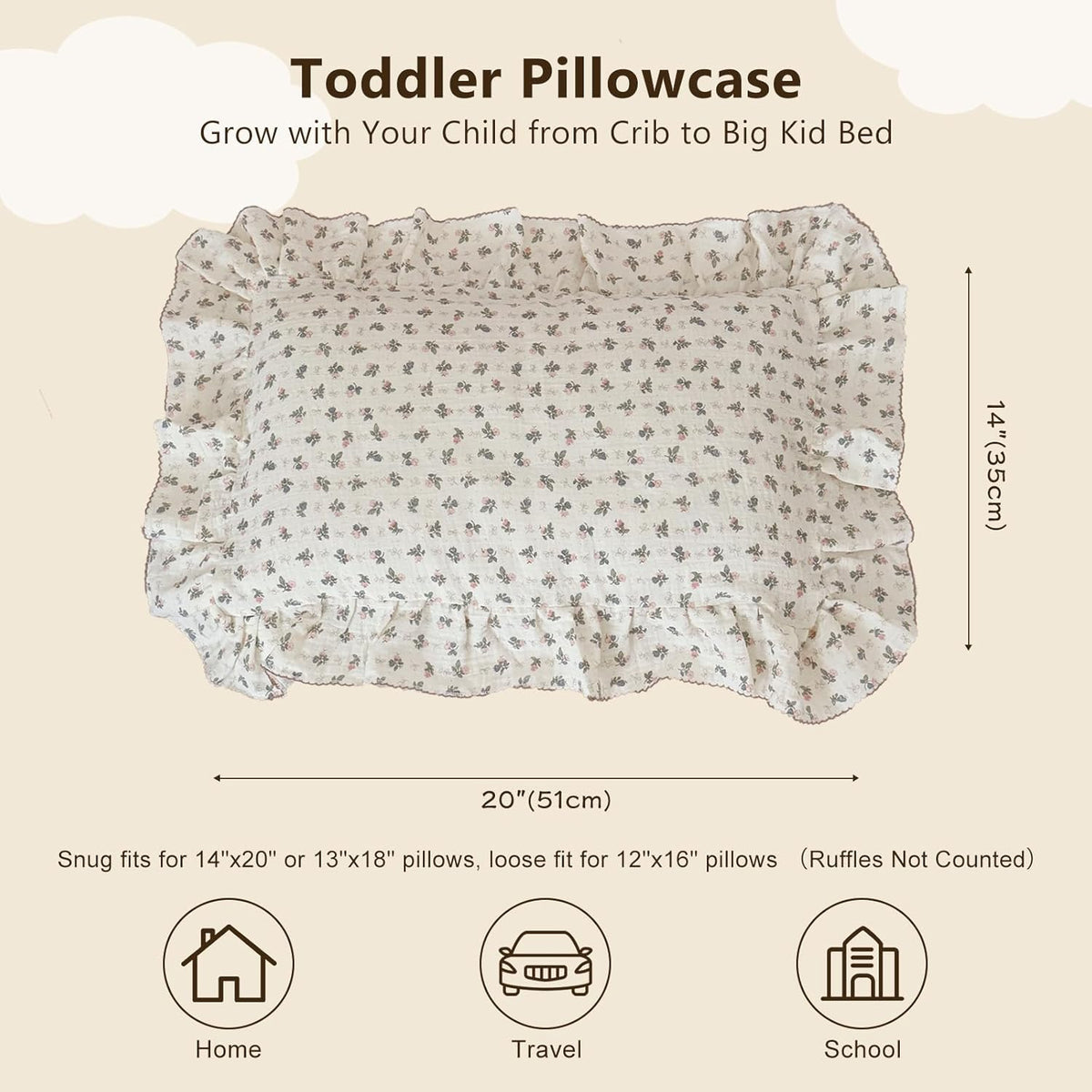 BuLuTu Chic Bellflower Pink Toddler Pillowcase with Ruffles Pillow Cover for Boys Girls 1 2 3 4 5 6